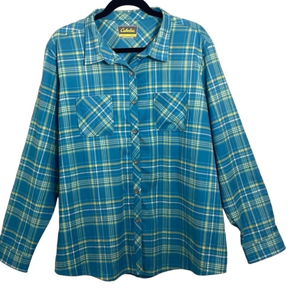 Cabela’s aqua & yellow spring plaid classic button front shirt pockets 2XL